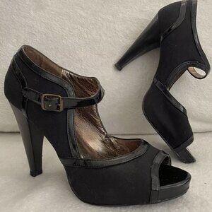 Steve Madden Black Open Toe Mary Jane Heels Platform Textile Patent Size 7.5